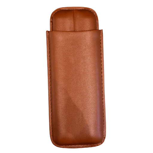 A brown leather sleeve or pouch with rounded corners and visible stitching, shown upright on a plain white background.