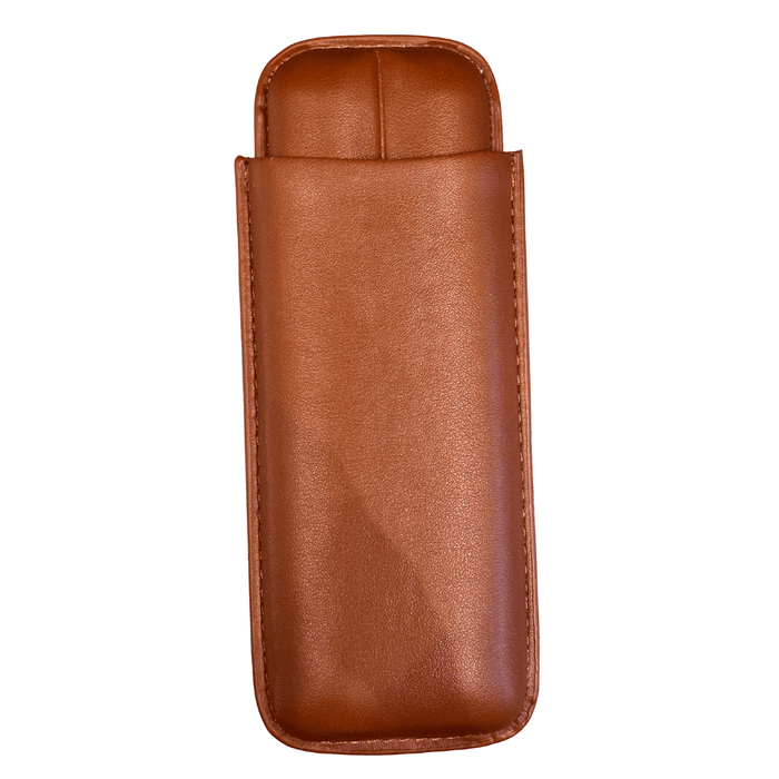 A brown leather sleeve or pouch with rounded corners and visible stitching, shown upright on a plain white background.