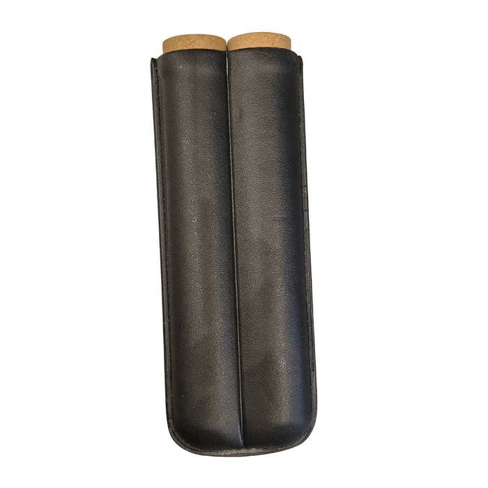 A black leather double magazine holster containing two cartridges with tan paper tips, shown against a plain white background.