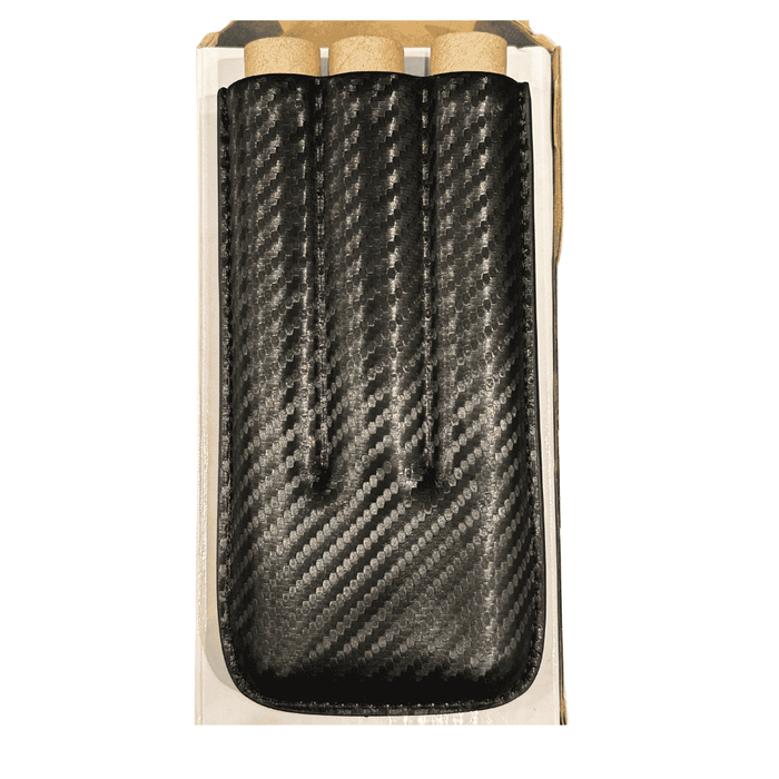A black carbon fiber pattern pouch or sleeve with three tan cylindrical inserts, shown inside a white and tan box on a white background.