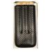 A black carbon fiber pattern pouch or sleeve with three tan cylindrical inserts, shown inside a white and tan box on a white background.