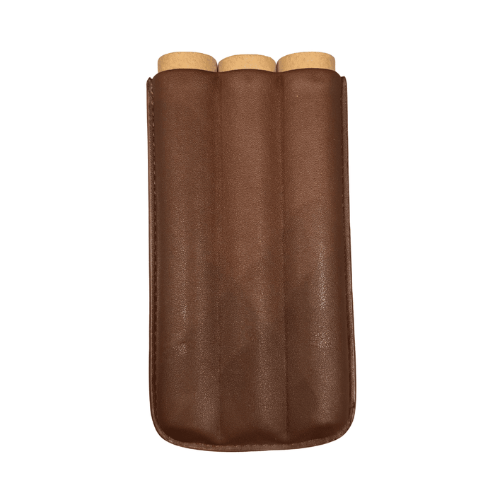 A brown leather three-dose pen holder with three light wood cylinder tops visible at the top, shown against a plain white background.