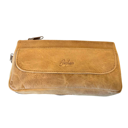 Brigham vintage brown leather pipe and tobacco case with flap closure and zipper detail displayed on white background