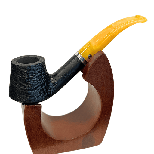 Brigham Northern Lights Chinook Yellow 84 bent Dublin pipe black sandblast briar with yellow acrylic stem premium tobacco pipe Canada