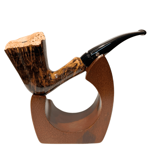 Brigham President The Helm briar pipe with plateau rim and black stem displayed on wooden stand
