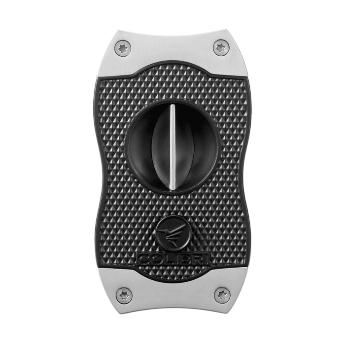 Colibri Diamond V-Cut cigar cutter in black and chrome, featuring a textured grip, stainless steel V-blade and ergonomic design on a white background.