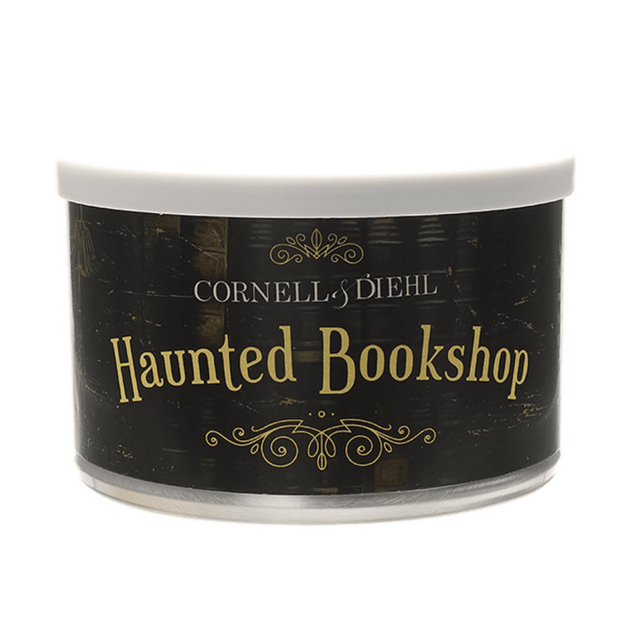 Cornell and Diehl Haunted Bookshop 50g tin featuring a vintage-style label with dark tones and classic typography