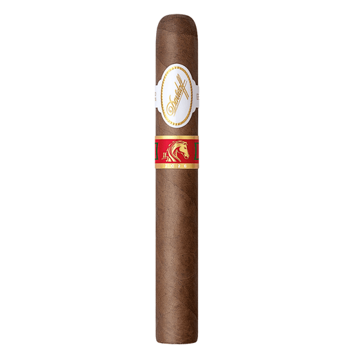 A single Davidoff Year of the Horse cigar standing upright on a white background. It features Davidoff’s classic white-and-gold primary band near the top and a red-and-gold secondary band with a stylized horse emblem. The wrapper is smooth, medium-brown and evenly rolled.