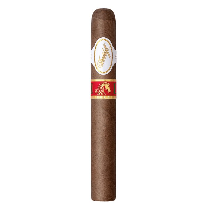 A single Davidoff Year of the Horse cigar standing upright on a white background. It features Davidoff’s classic white-and-gold primary band near the top and a red-and-gold secondary band with a stylized horse emblem. The wrapper is smooth, medium-brown and evenly rolled.