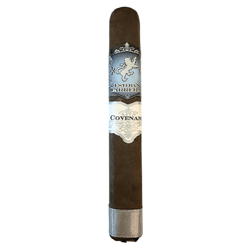 Esteban Carreras Covenant Maduro Toro 6 x 54 cigar with dark oily wrapper and silver Covenant band on white background