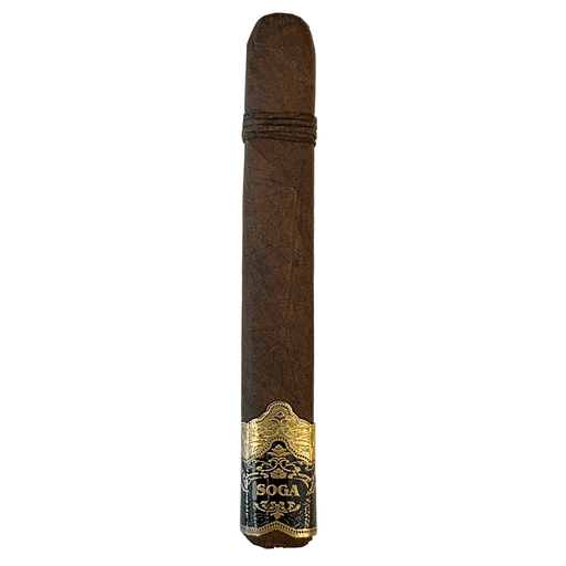 Esteban Carreras Soga de Oro Maduro Toro cigar with dark wrapper, gold and black foot band, and rope style tobacco band on white background