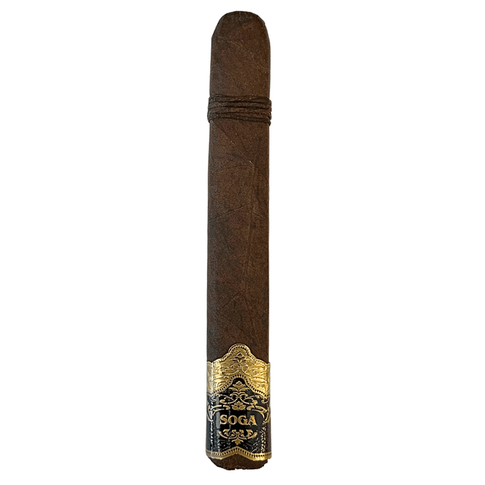 Esteban Carreras Soga de Oro Maduro Toro cigar with dark wrapper, gold and black foot band, and rope style tobacco band on white background