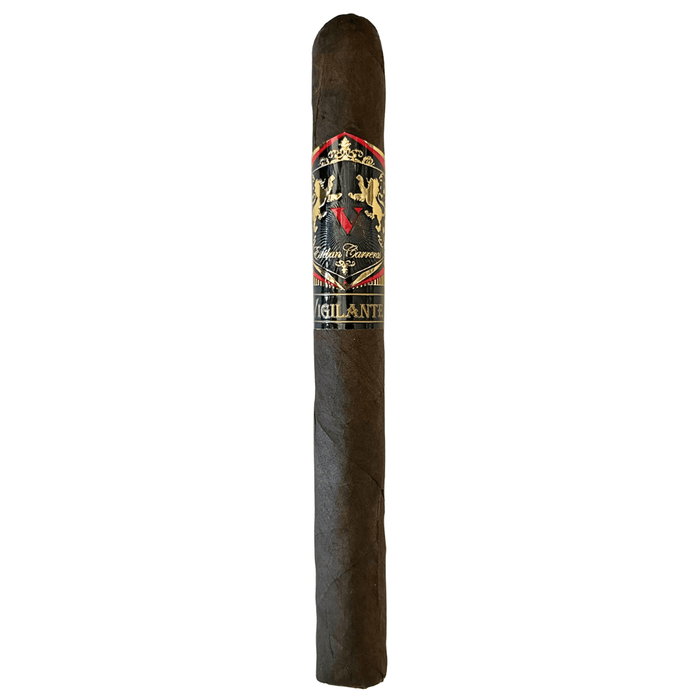 Esteban Carreras Vigilante Maduro Churchill cigar with dark wrapper and black gold band displayed on white background