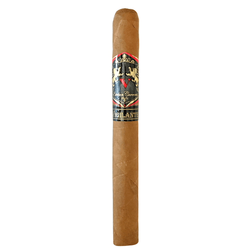 Esteban Carreras Vigilante Connecticut Churchill cigar with black and gold band displayed on white background
