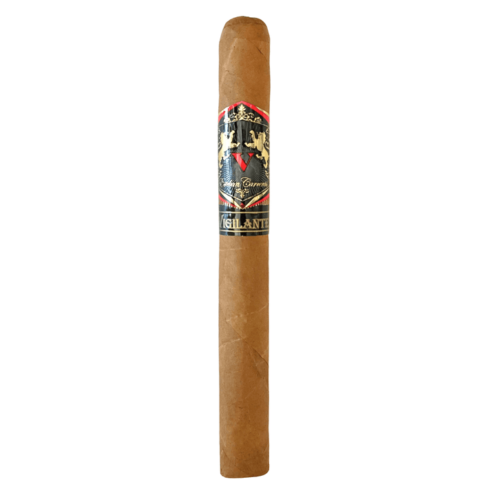 Esteban Carreras Vigilante Connecticut Churchill cigar with black and gold band displayed on white background