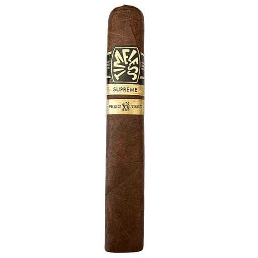 Ferio Tego Timeless Supreme Gordo 6 x 60 Nicaraguan puro cigar with dark brown wrapper and black and gold Timeless Supreme band on white background