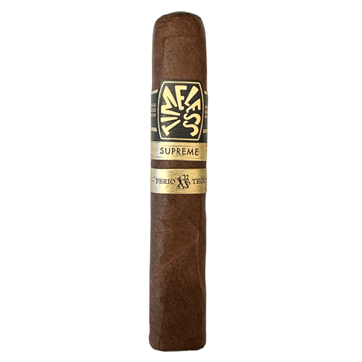Ferio Tego Timeless Supreme Robusto 5 x 54 Nicaraguan puro cigar with dark brown wrapper and black and gold Timeless Supreme band on white background