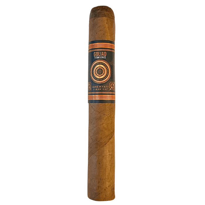 Jake Wyatt Titan Series Goliad Toro cigar with claro wrapper and navy orange band