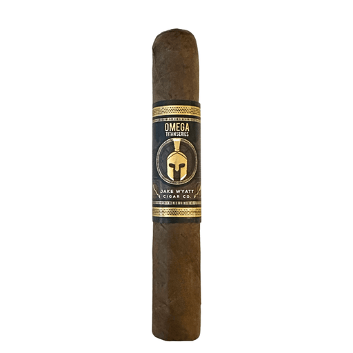 Jake Wyatt Titan Series Omega Robusto cigar with rosado wrapper and navy gold Spartan helmet band