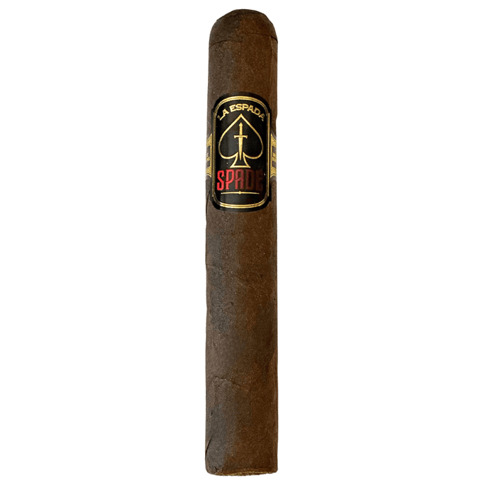 La Espada Spade Gordo cigar with dark oily Mexican San Andres wrapper and black and gold band featuring a spade logo, standing upright against a white background.