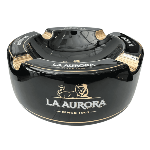 La Aurora ceramic cigar ashtray black gold accent four cigar rest lion crest premium cigar ashtray since 1903