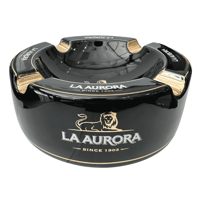 La Aurora ceramic cigar ashtray black gold accent four cigar rest lion crest premium cigar ashtray since 1903