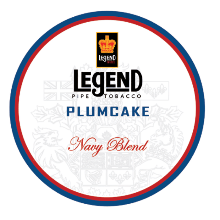 Legend Plumcake Navy Blend pipe tobacco tin with white blue and red label