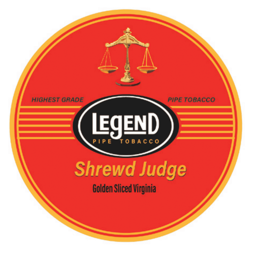 Legend Shrewd Judge pipe tobacco tin with red and gold label and scales of justice icon