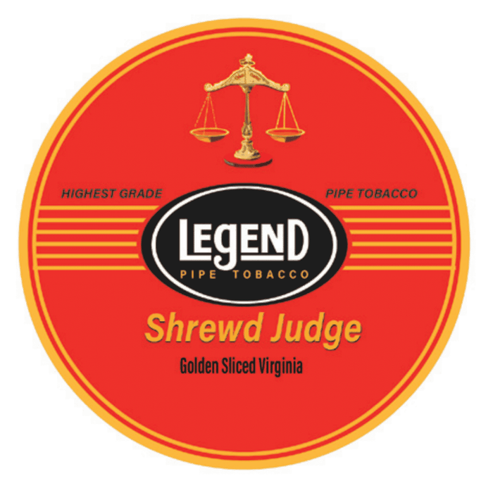 Legend Shrewd Judge pipe tobacco tin with red and gold label and scales of justice icon