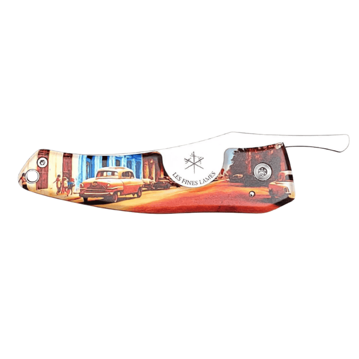 Les Fines Lames Le Petit Havana Streets Series cigar knife with colorful Havana inspired artwork displayed on a plain white background.