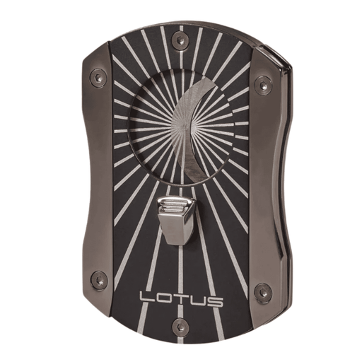 A black and gunmetal gray metal cigar humidor with a sunburst pattern and a silver-toned metal lever, featuring the LOTUS brand name at the bottom.