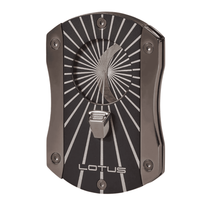 A black and gunmetal gray metal cigar humidor with a sunburst pattern and a silver-toned metal lever, featuring the LOTUS brand name at the bottom.
