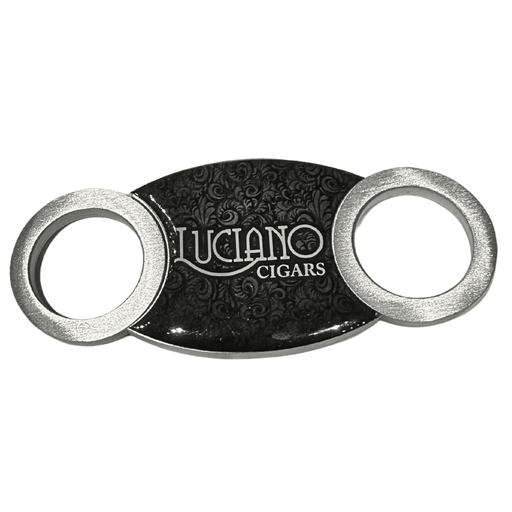 Luciano Cigars Steel Cutter Black cigar cutter with stainless steel blades and dual finger rings on white background