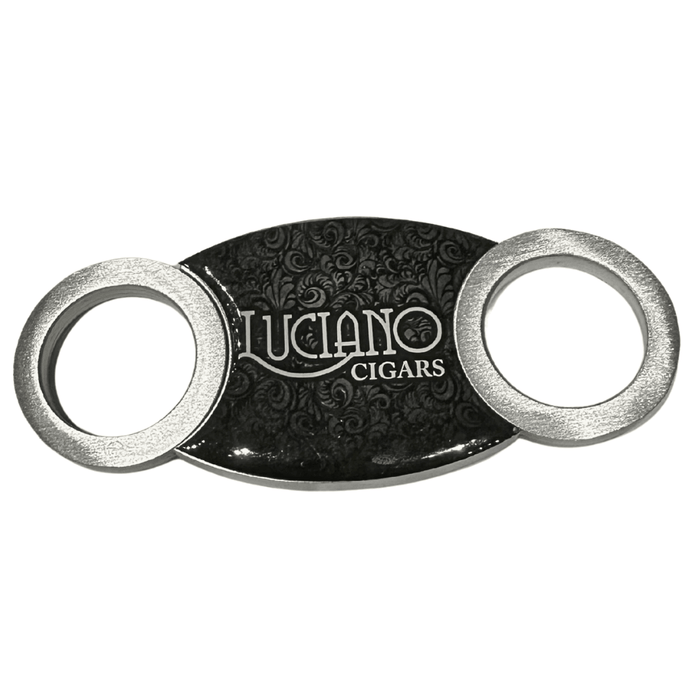 Luciano Cigars Steel Cutter Black cigar cutter with stainless steel blades and dual finger rings on white background