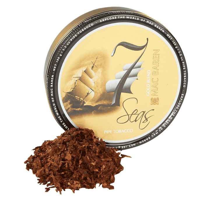 Mac Baren 7 Seas Gold pipe tobacco tin with gold label and blue banner displayed on white background