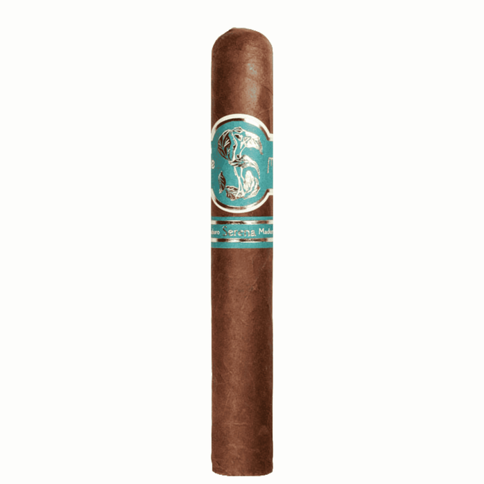 Matilde Serena Maduro Robusto cigar with aqua blue and silver band, dark Mexican San Andrés maduro wrapper