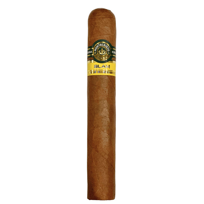 Montecristo Open Slam Cuban cigar with green and gold band labeled Slam, premium handmade Habano standing upright against a white background.