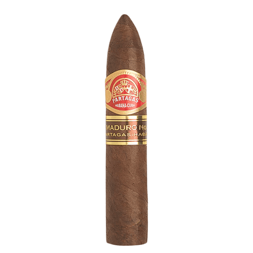 Partagas Maduro No. 2 Cuban cigar standing upright, featuring a rich brown maduro wrapper with a pointed torpedo head and the classic red and gold Partagas Habana band near the top.