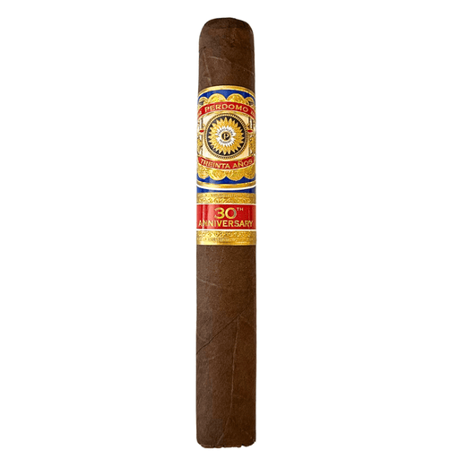 Perdomo 30th Anniversary Maduro Treinta Anos cigar with dark Nicaraguan wrapper and ornate gold blue red band