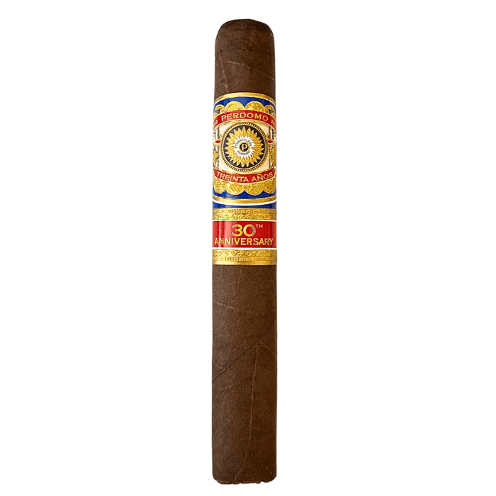 Perdomo 30th Anniversary Maduro Treinta Anos cigar with dark Nicaraguan wrapper and ornate gold blue red band