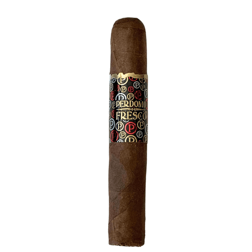 Perdomo Fresco Robusto cigar with dark brown wrapper and black, red, and gold band featuring the Perdomo logo, standing upright against a white background.