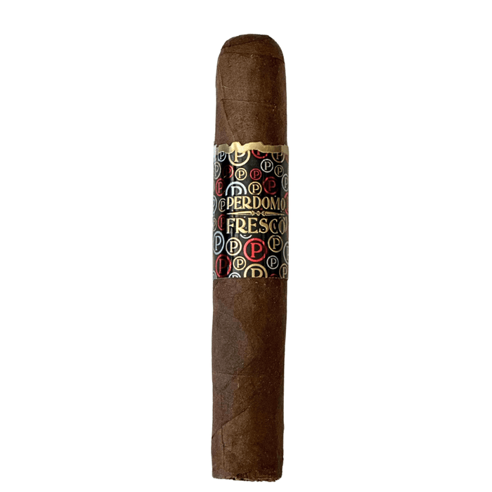 Perdomo Fresco Robusto cigar with dark brown wrapper and black, red, and gold band featuring the Perdomo logo, standing upright against a white background.