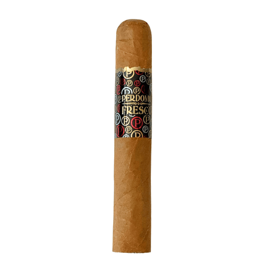 Perdomo Fresco Connecticut Toro cigar with light golden wrapper and black, red, and gold band displaying the Perdomo logo, standing upright against a white background.