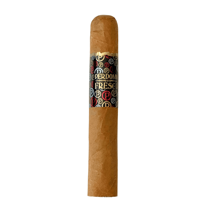 Perdomo Fresco Connecticut Toro cigar with light golden wrapper and black, red, and gold band displaying the Perdomo logo, standing upright against a white background.