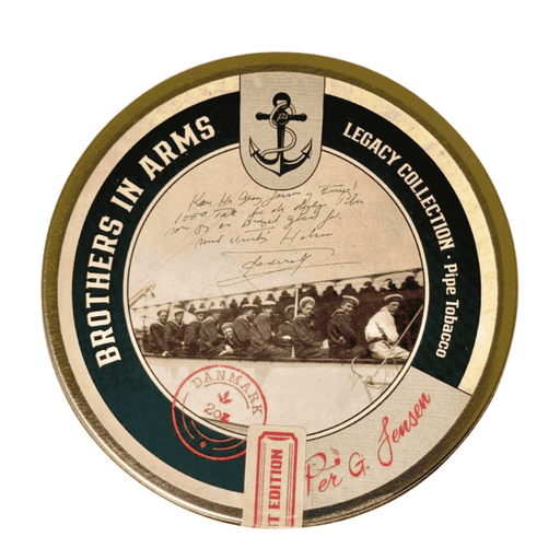 Per Jensen Brothers In Arms Pipe Tobacco Legacy Collection tin with vintage naval image and dark green border on white background