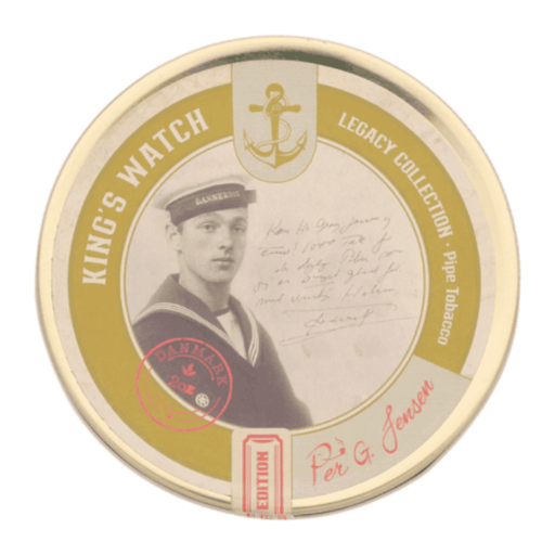 Per Jensen King’s Watch Pipe Tobacco Legacy Collection tin featuring vintage sailor portrait and gold ring design on white background