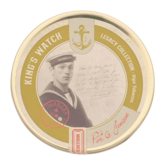 Per Jensen King’s Watch Pipe Tobacco Legacy Collection tin featuring vintage sailor portrait and gold ring design on white background