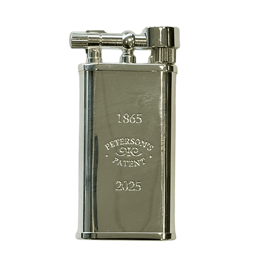 A polished silver Peterson 160th Anniversary lighter engraved with “1865 – Peterson’s Patent – 2025,”