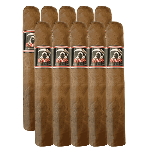Pack of rage robusto cigars with visible labels on a white background