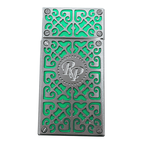 Rocky Patel Burn Series torch lighter in green and chrome with ornate filigree design and RP medallion